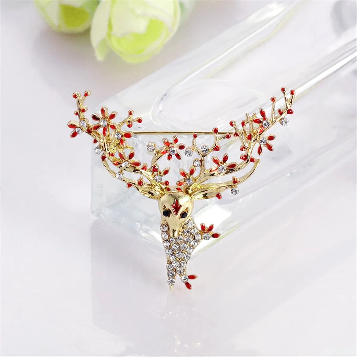 Cubic Zirconia & Enamel 18K Gold-Plated Reindeer Brooch