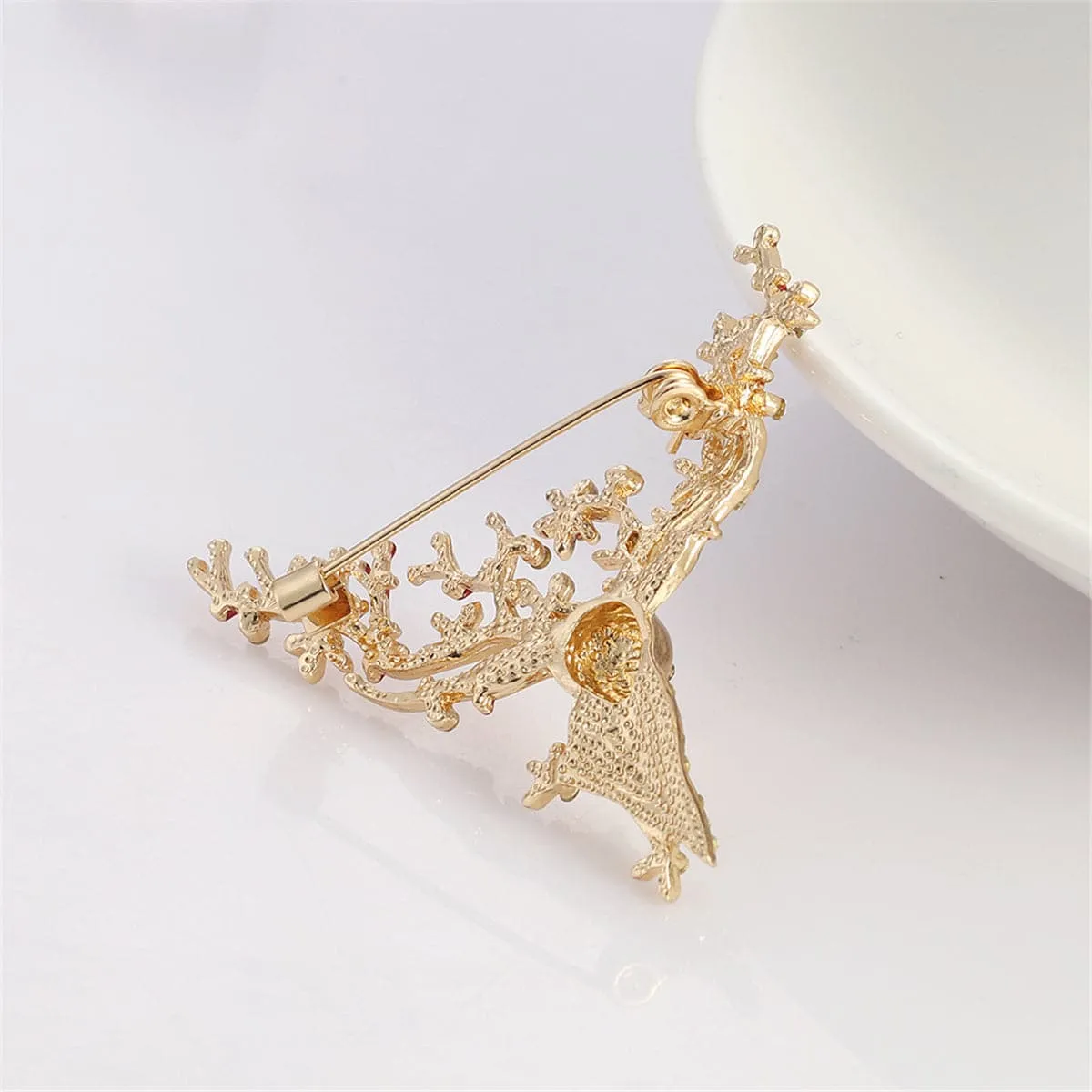 Cubic Zirconia & Enamel 18K Gold-Plated Reindeer Brooch