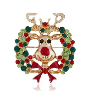 Cubic Zirconia & Enamel 18K Gold-Plated Reindeer Wreath Brooch