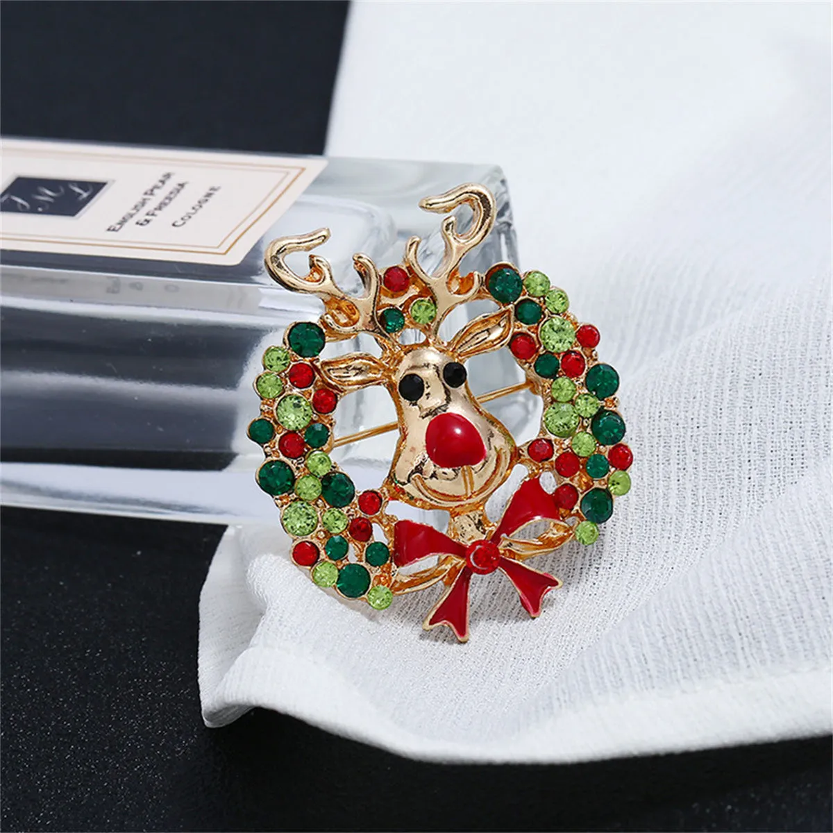 Cubic Zirconia & Enamel 18K Gold-Plated Reindeer Wreath Brooch