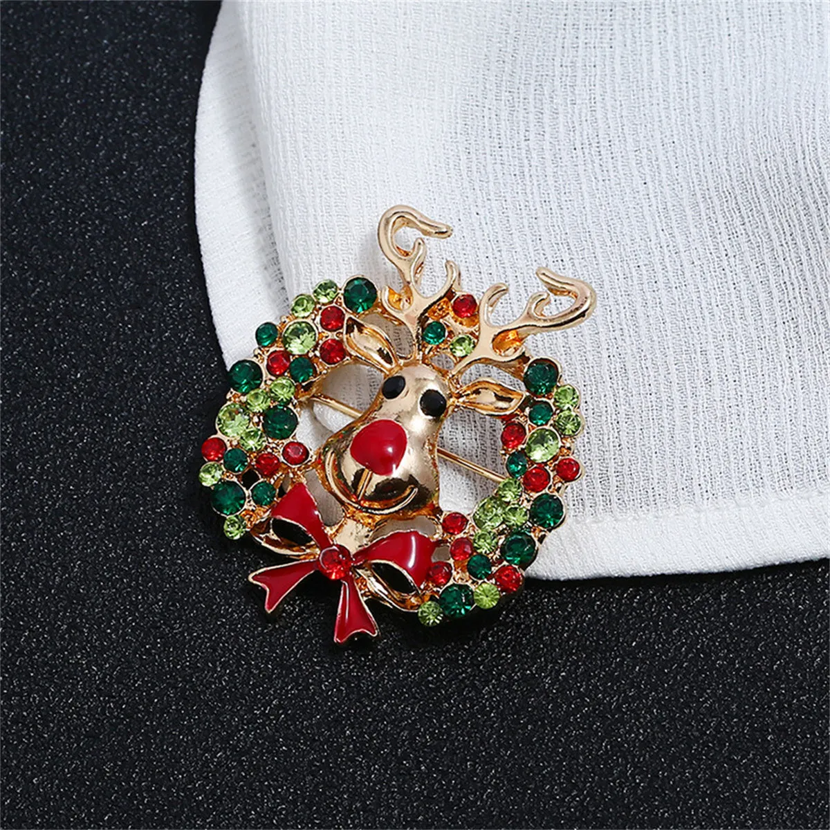 Cubic Zirconia & Enamel 18K Gold-Plated Reindeer Wreath Brooch