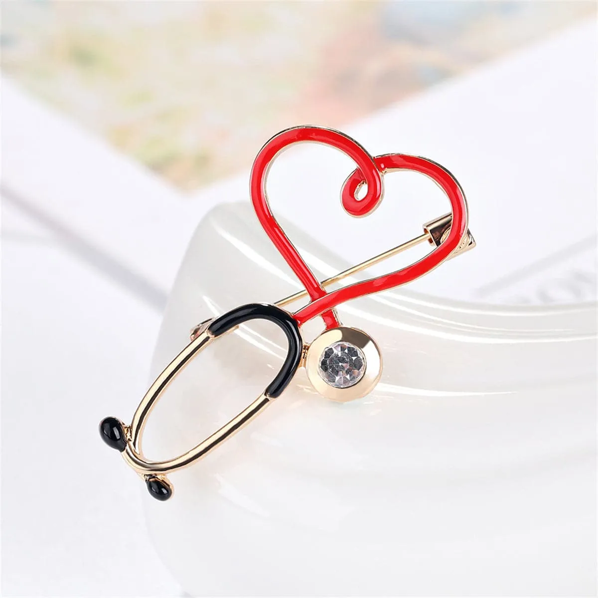 Cubic Zirconia & Enamel 18K Gold-Plated Stethoscope Brooch