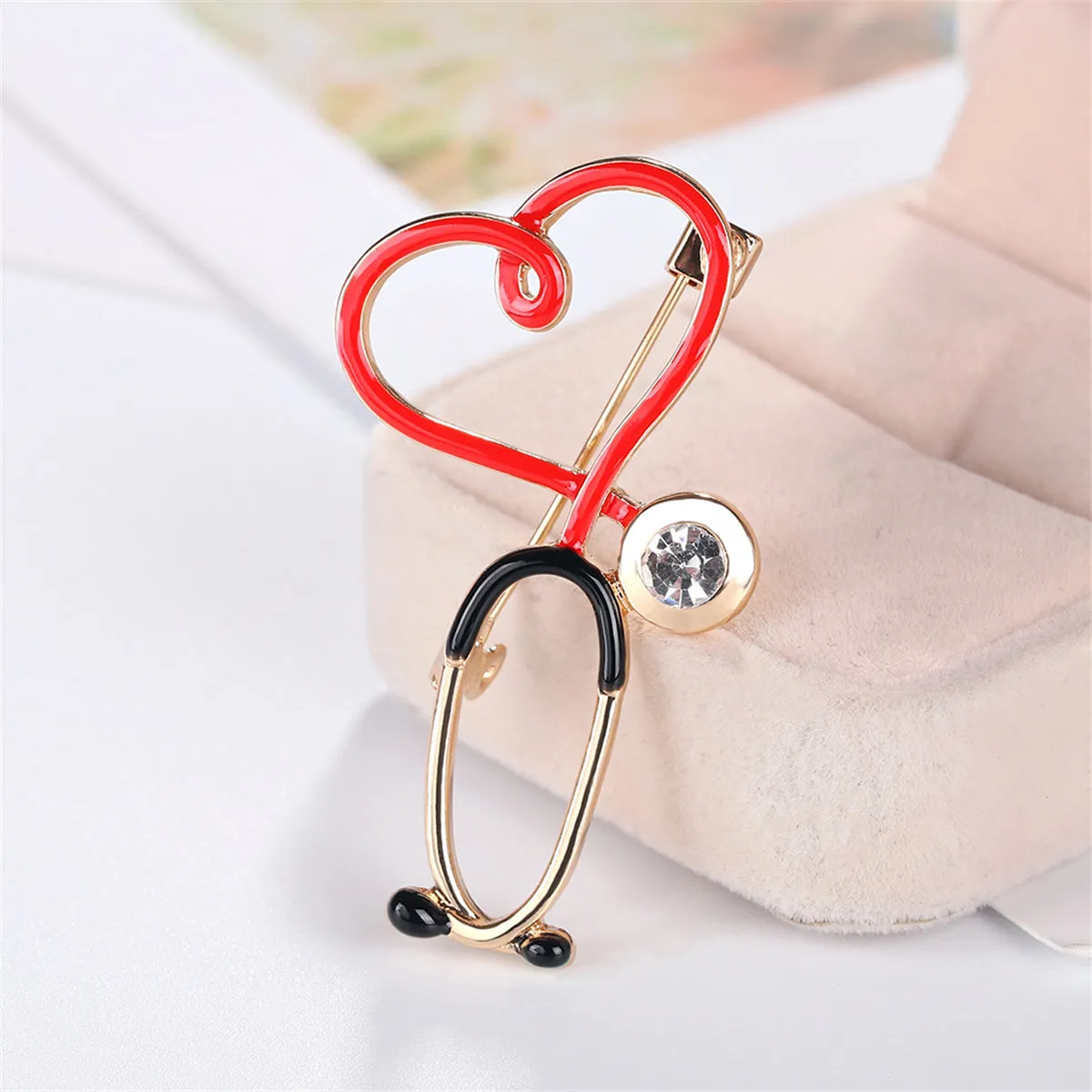 Cubic Zirconia & Enamel 18K Gold-Plated Stethoscope Brooch