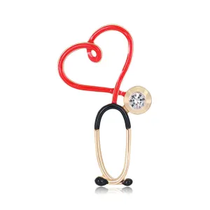 Cubic Zirconia & Enamel 18K Gold-Plated Stethoscope Brooch