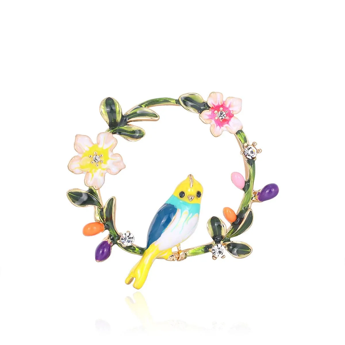 Cubic Zirconia & Enamel 18K Gold-Plated Yellow Bird Branch Brooch