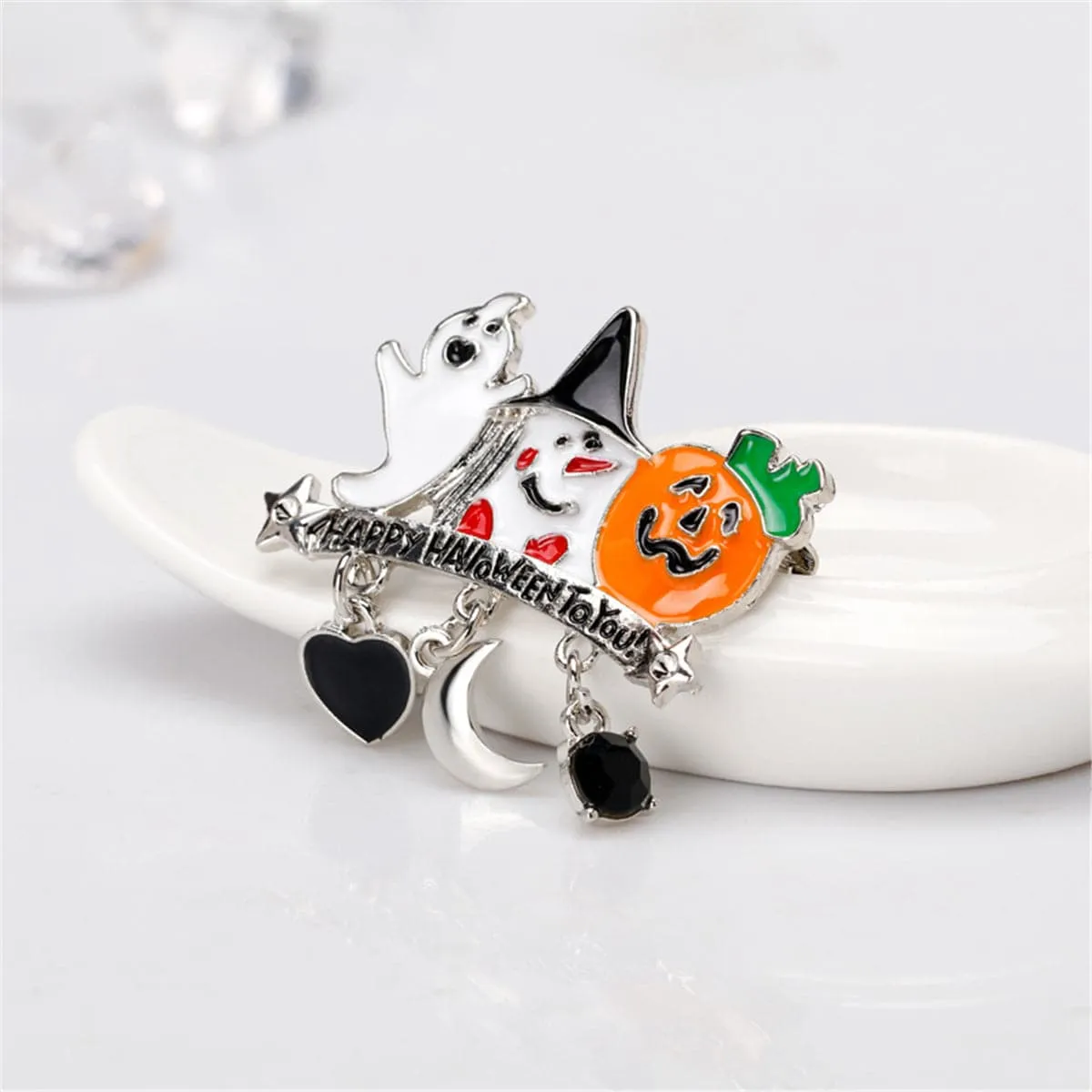 Cubic Zirconia & Enamel 'Happy Halloween' Pendant Brooch
