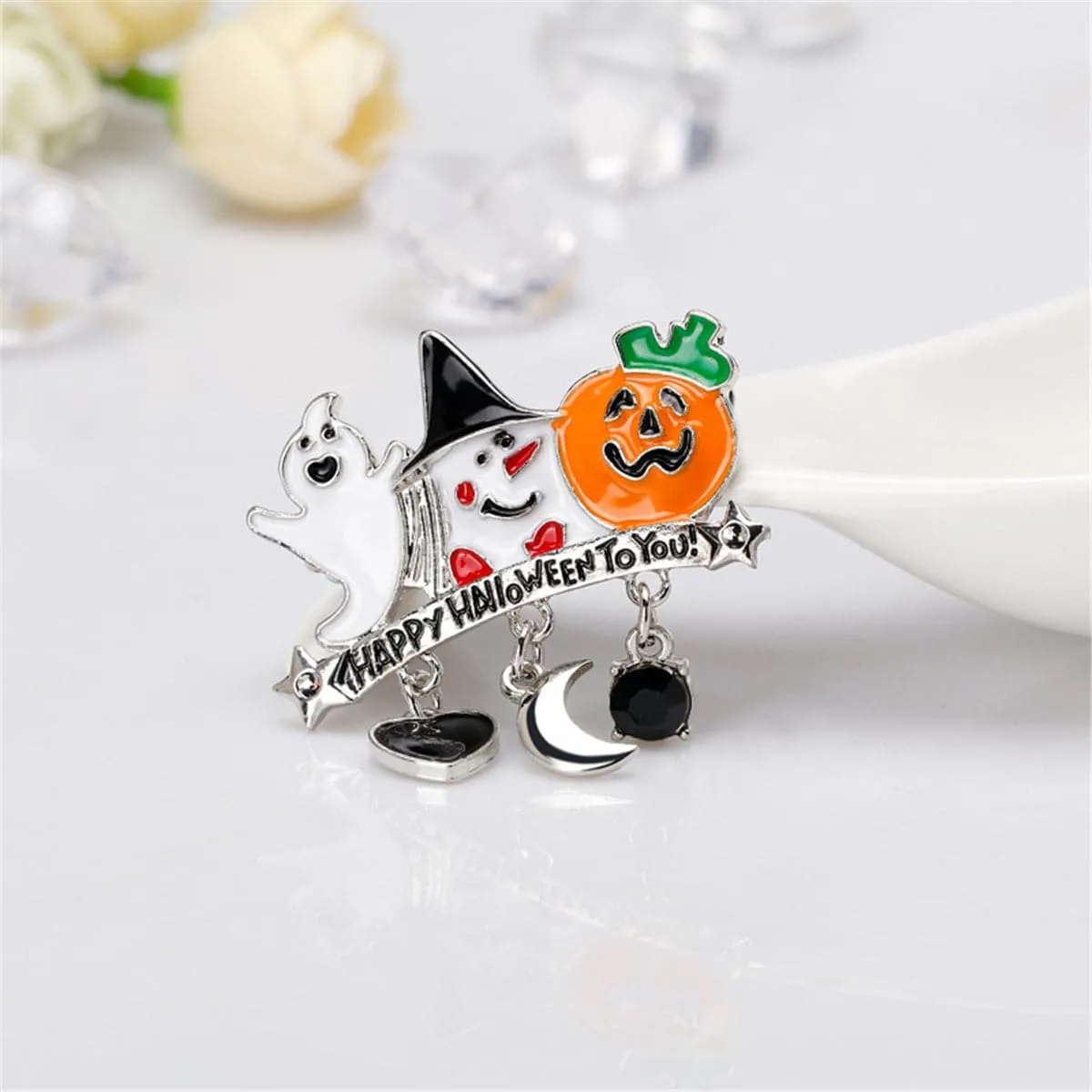 Cubic Zirconia & Enamel 'Happy Halloween' Pendant Brooch