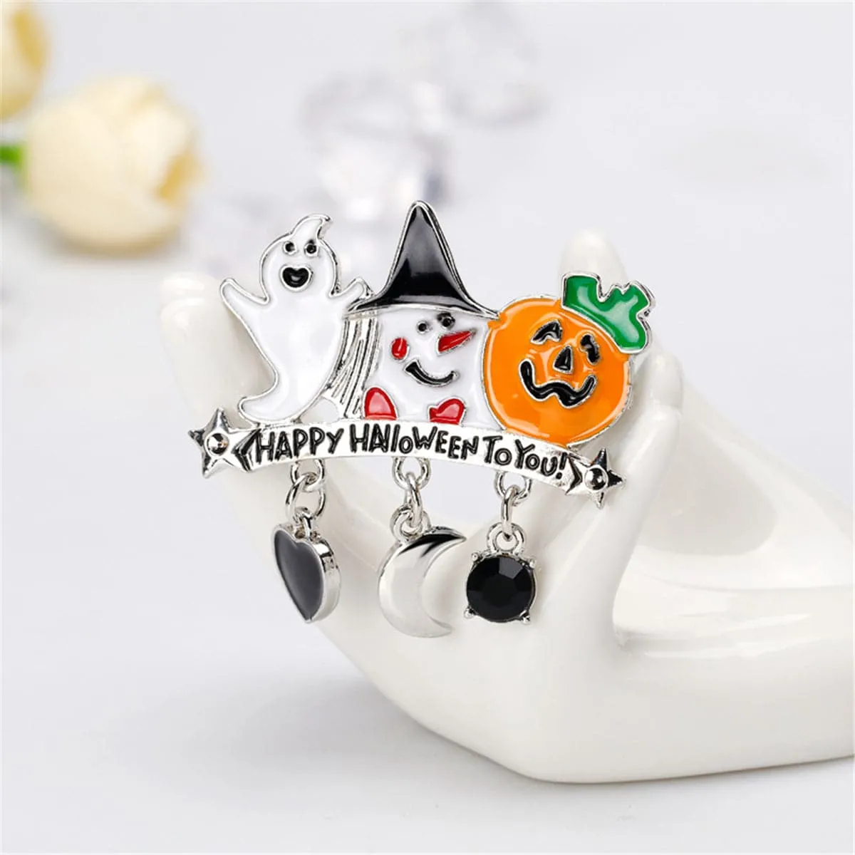Cubic Zirconia & Enamel 'Happy Halloween' Pendant Brooch