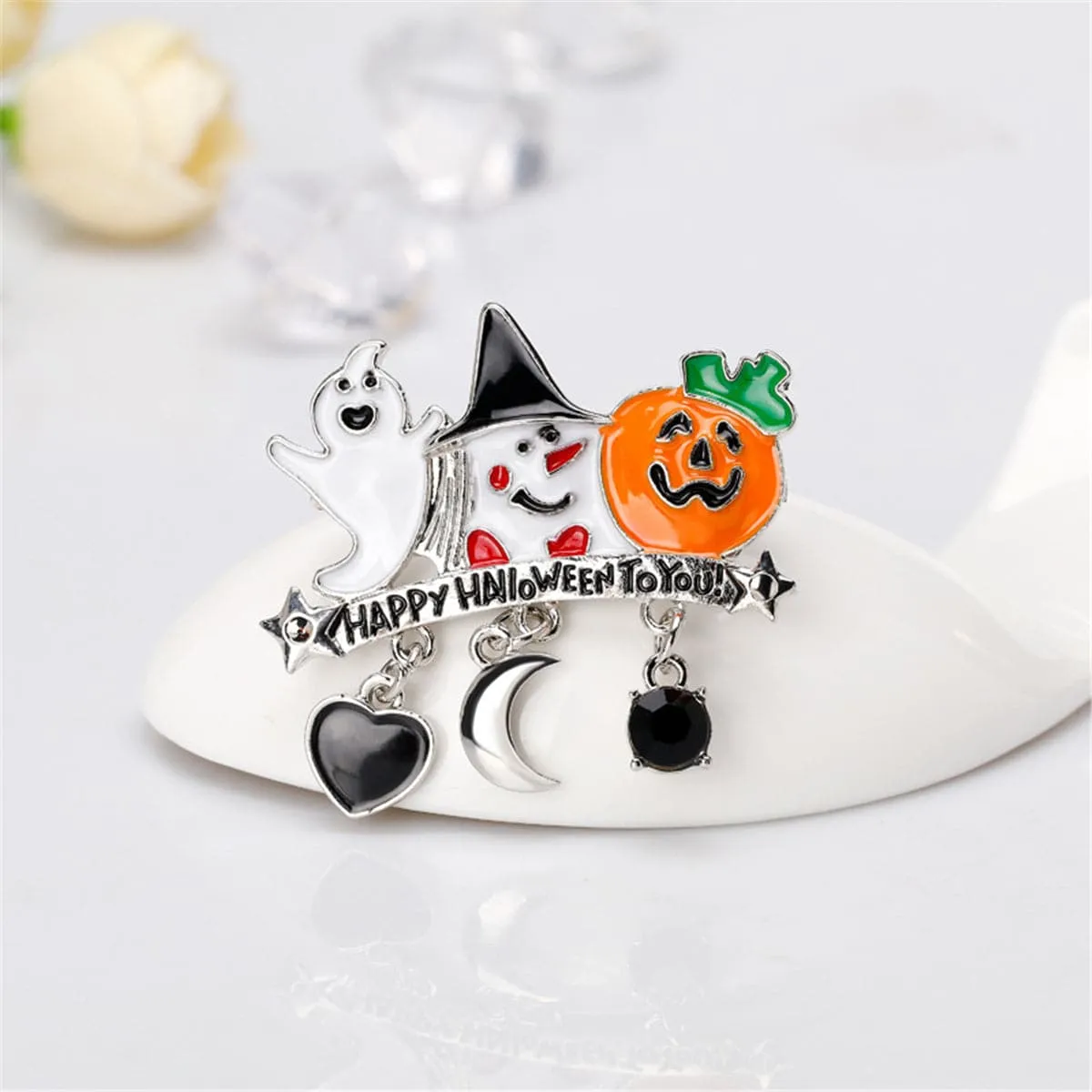 Cubic Zirconia & Enamel 'Happy Halloween' Pendant Brooch