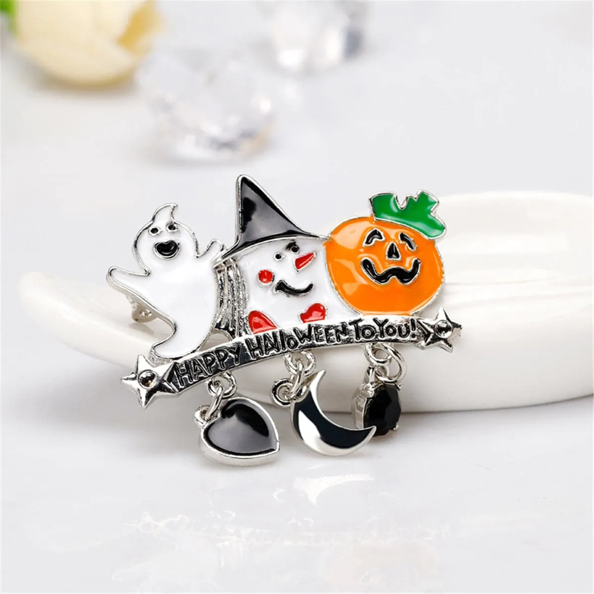 Cubic Zirconia & Enamel 'Happy Halloween' Pendant Brooch