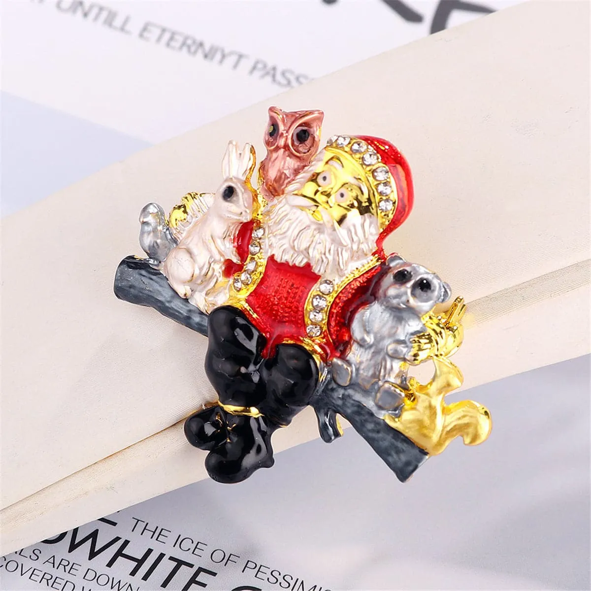 Cubic Zirconia & Enamel Silver-Plated Santa Claus Animals Brooch