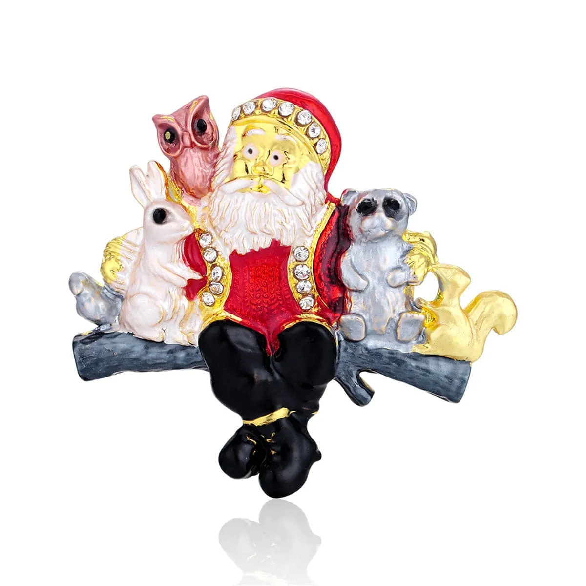Cubic Zirconia & Enamel Silver-Plated Santa Claus Animals Brooch