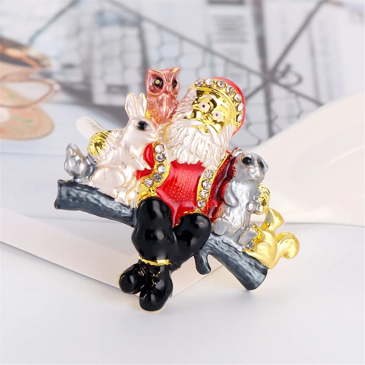 Cubic Zirconia & Enamel Silver-Plated Santa Claus Animals Brooch