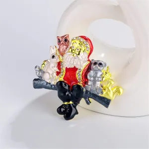Cubic Zirconia & Enamel Silver-Plated Santa Claus Animals Brooch