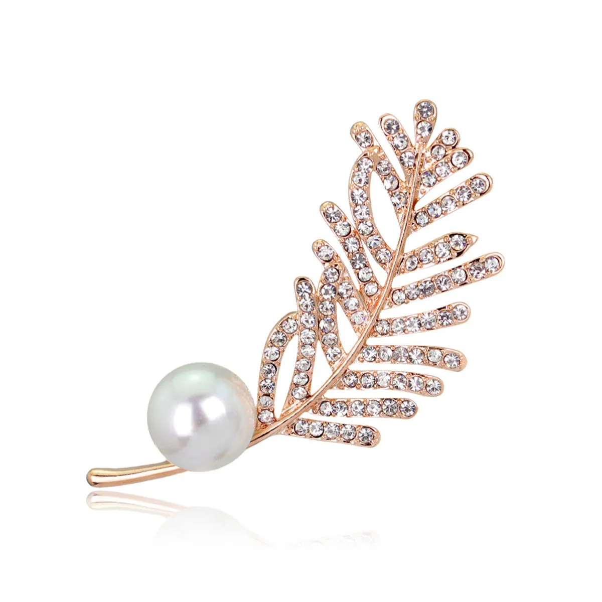 Cubic Zirconia & Pearl 18K Gold-Plated Leaf Brooch