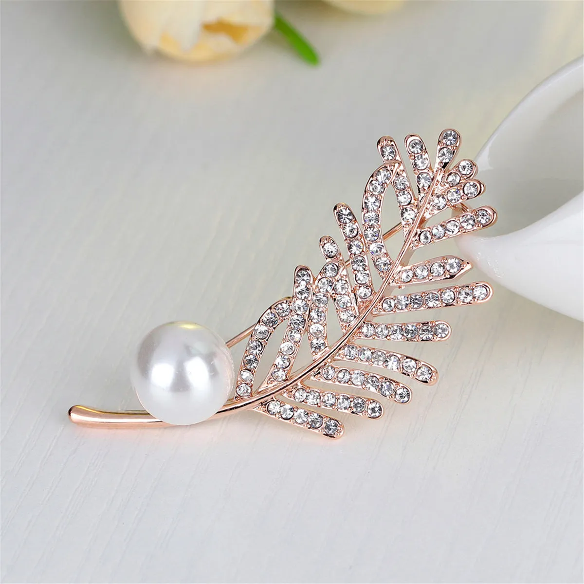 Cubic Zirconia & Pearl 18K Gold-Plated Leaf Brooch