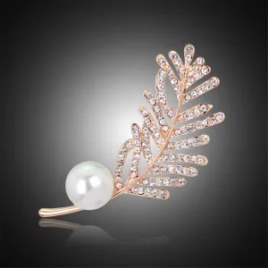 Cubic Zirconia & Pearl 18K Gold-Plated Leaf Brooch