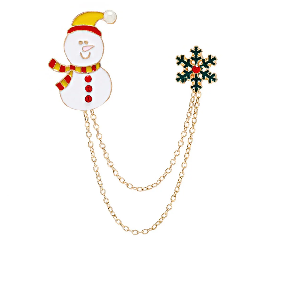 Cubic Zirconia & Pearl Enamel 18K Gold-Plated Snowman Snowflake Chain Brooch