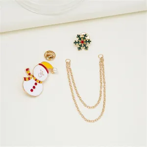 Cubic Zirconia & Pearl Enamel 18K Gold-Plated Snowman Snowflake Chain Brooch
