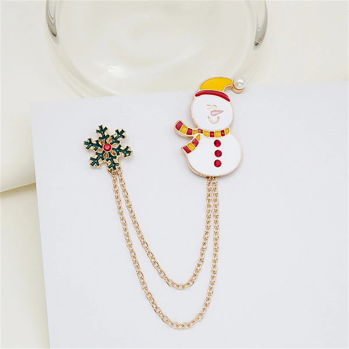 Cubic Zirconia & Pearl Enamel 18K Gold-Plated Snowman Snowflake Chain Brooch
