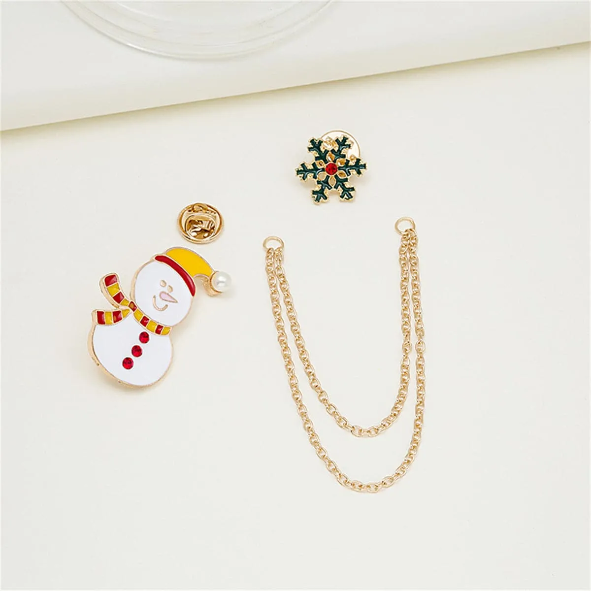 Cubic Zirconia & Pearl Enamel 18K Gold-Plated Snowman Snowflake Chain Brooch