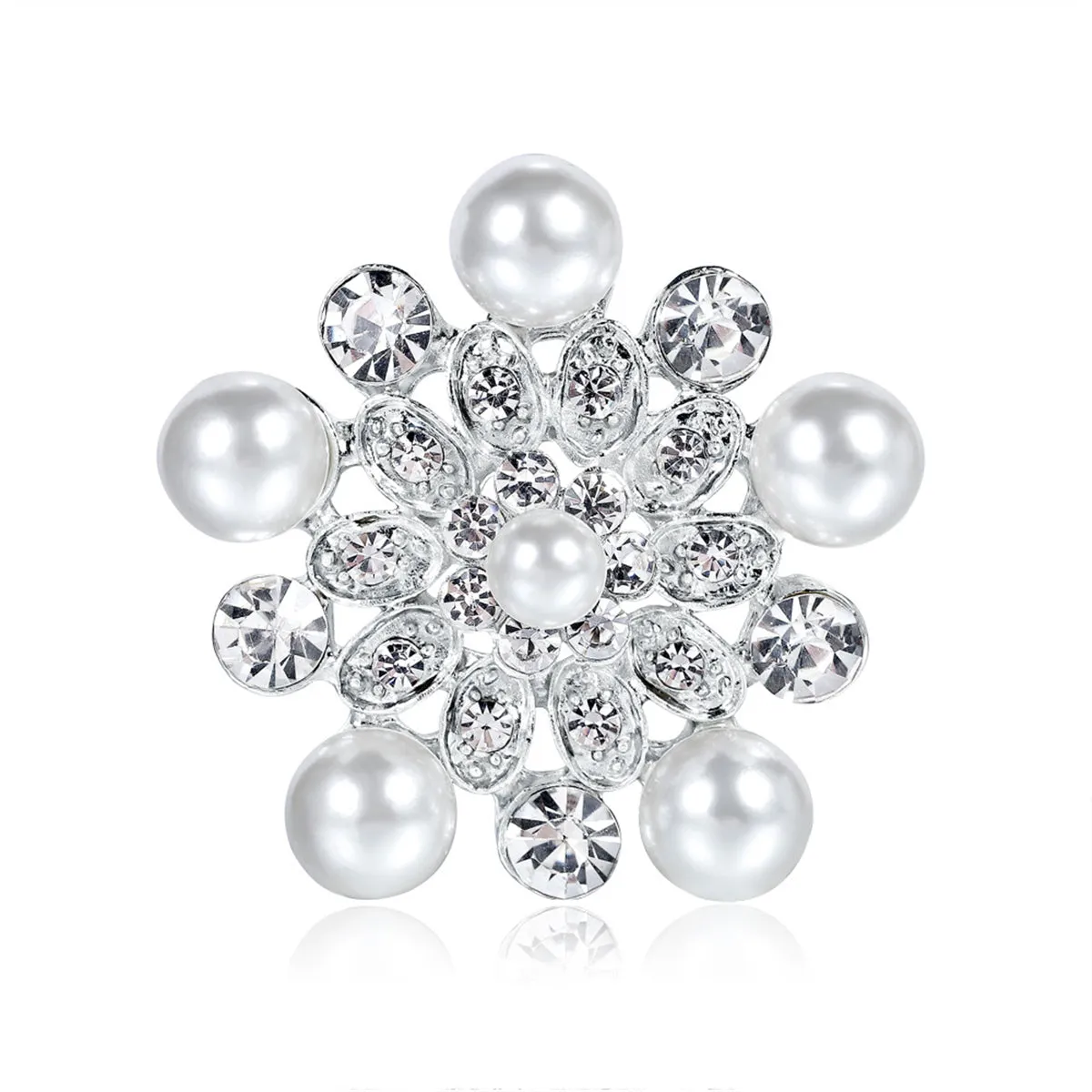 Cubic Zirconia & Pearl Silver-Plated Flower Brooch