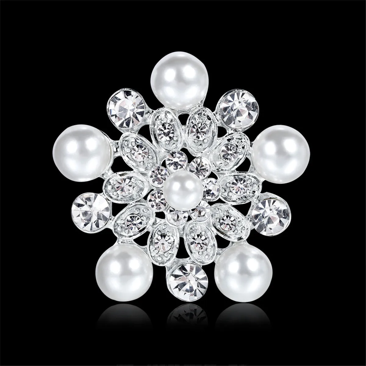 Cubic Zirconia & Pearl Silver-Plated Flower Brooch