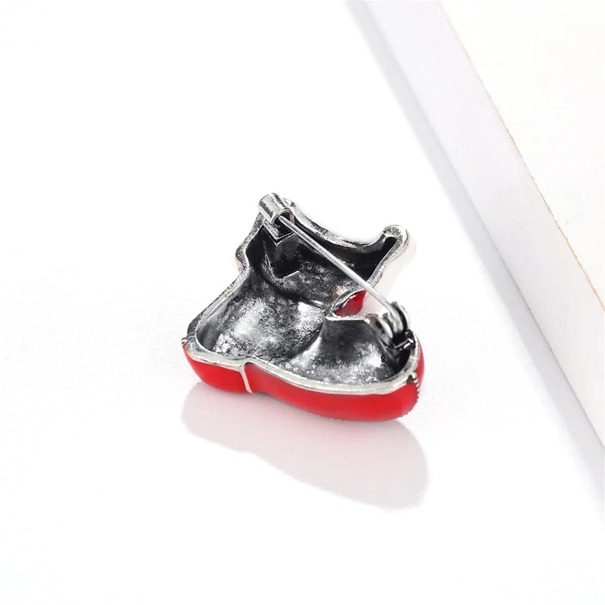 Cubic Zirconia & Red Enamel Silver-Plated Christmas Boot Brooch