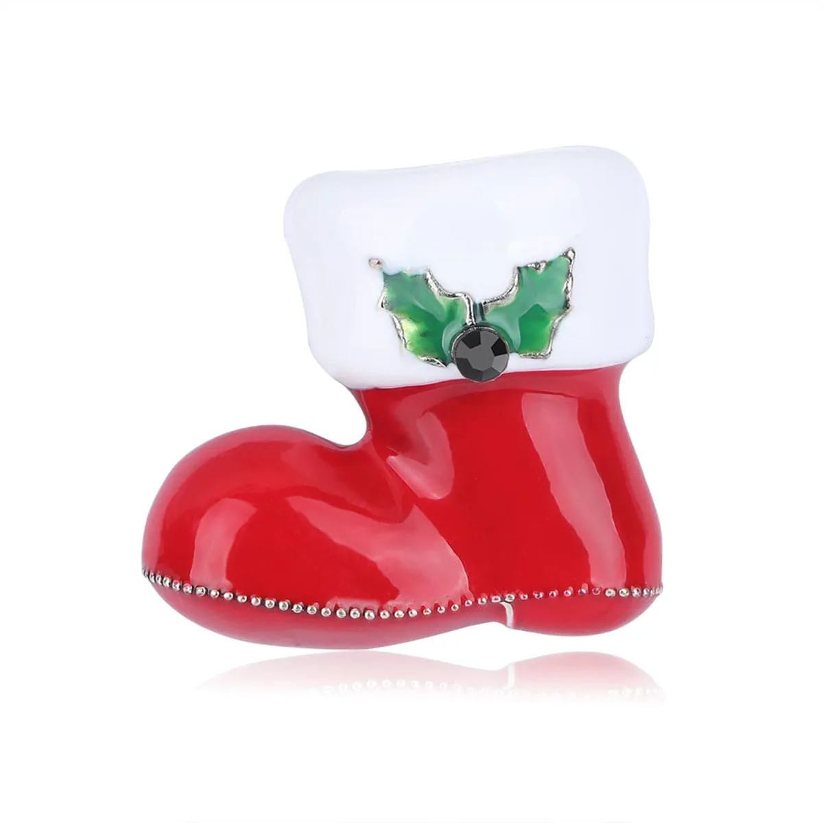 Cubic Zirconia & Red Enamel Silver-Plated Christmas Boot Brooch
