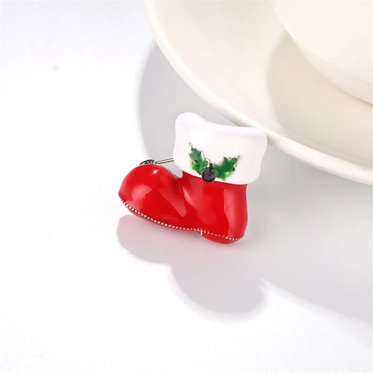 Cubic Zirconia & Red Enamel Silver-Plated Christmas Boot Brooch