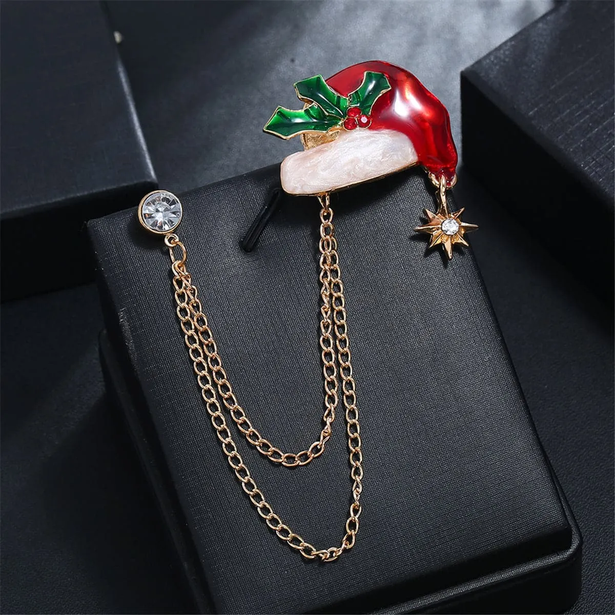Cubic Zirconia & Santa Hat Layered Chain Brooch