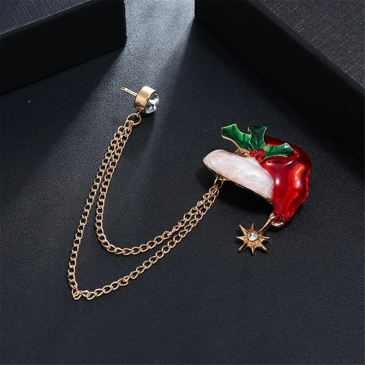 Cubic Zirconia & Santa Hat Layered Chain Brooch