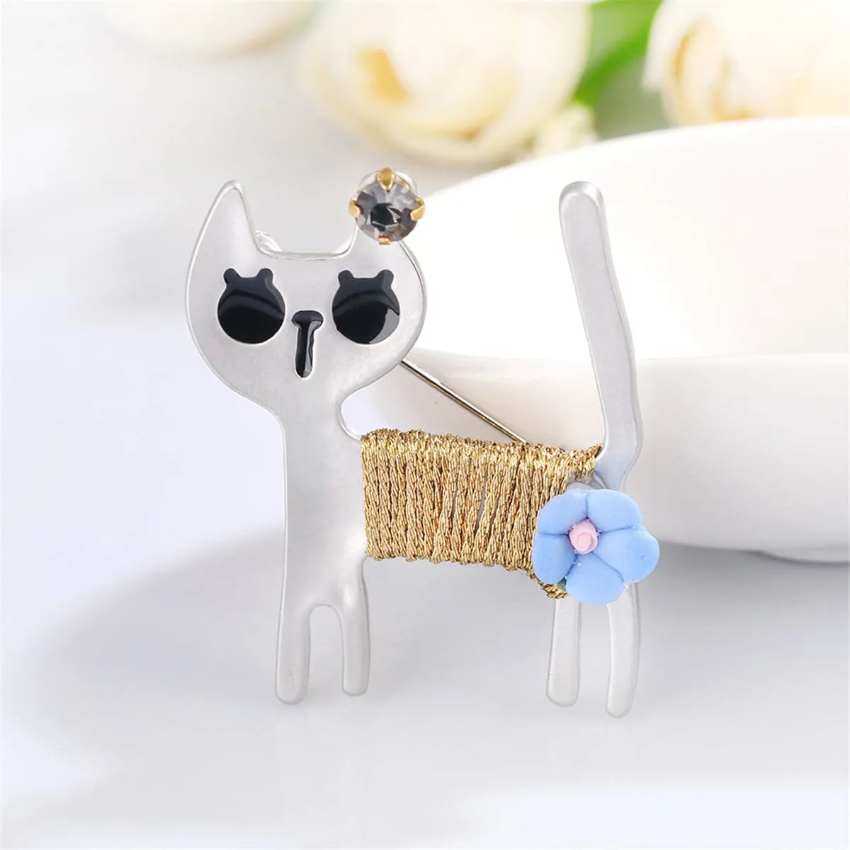 Cubic Zirconia & Silver-Plated Cat Brooch