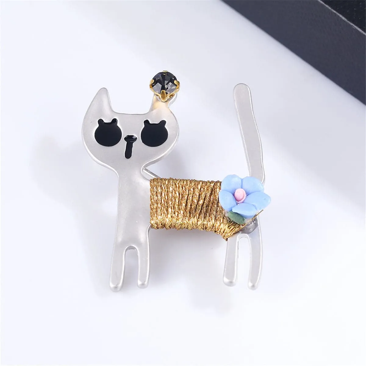 Cubic Zirconia & Silver-Plated Cat Brooch