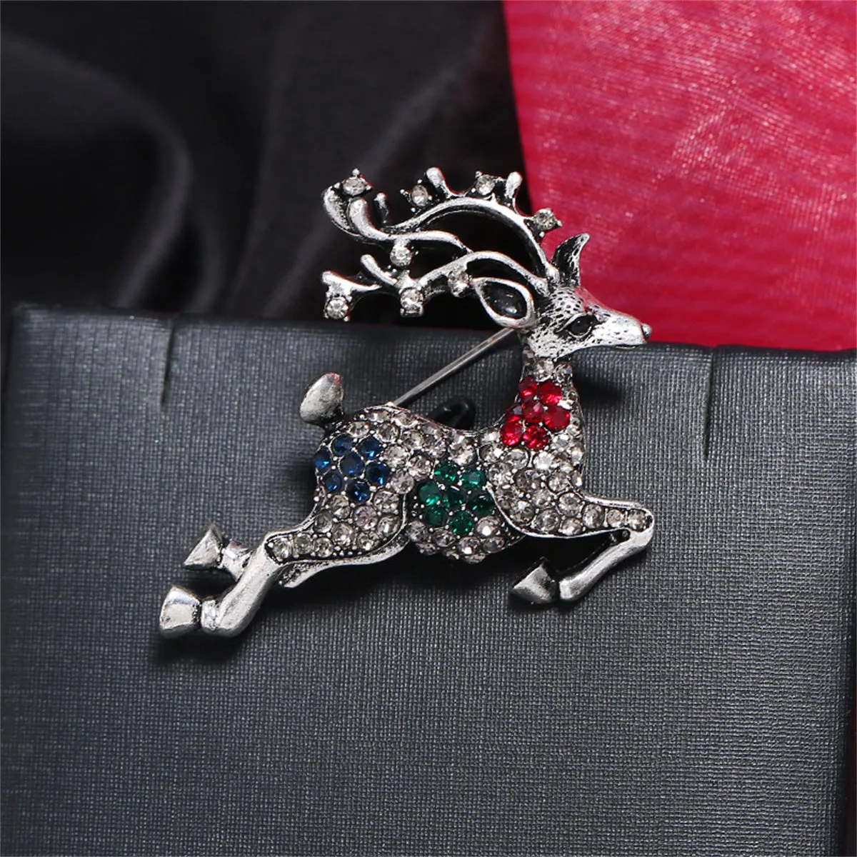 Cubic Zirconia & Silver-Plated Reindeer Brooch