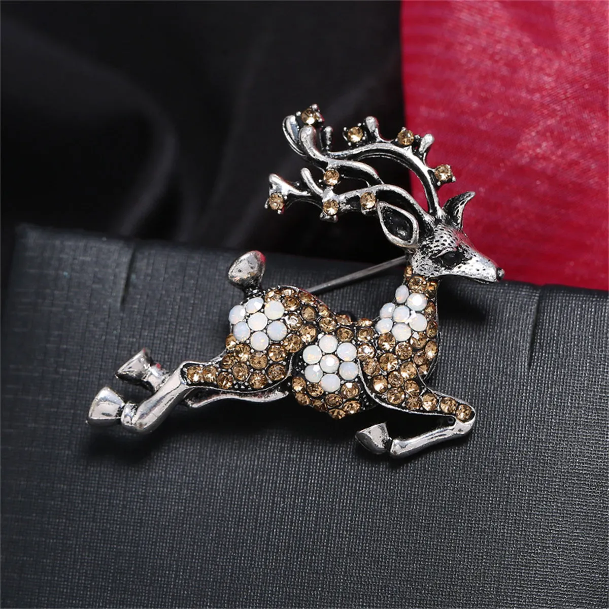 Cubic Zirconia & Silver-Plated Reindeer Brooch