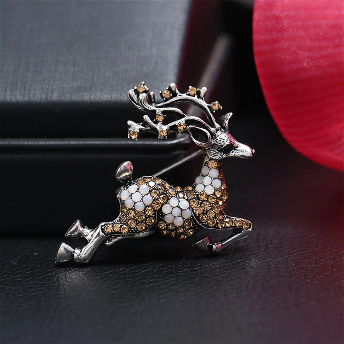 Cubic Zirconia & Silver-Plated Reindeer Brooch