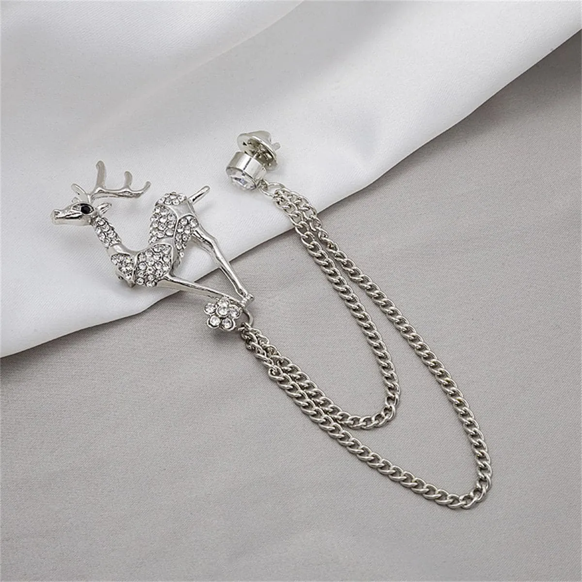 Cubic Zirconia & Silver-Plated Reindeer Chain Brooch