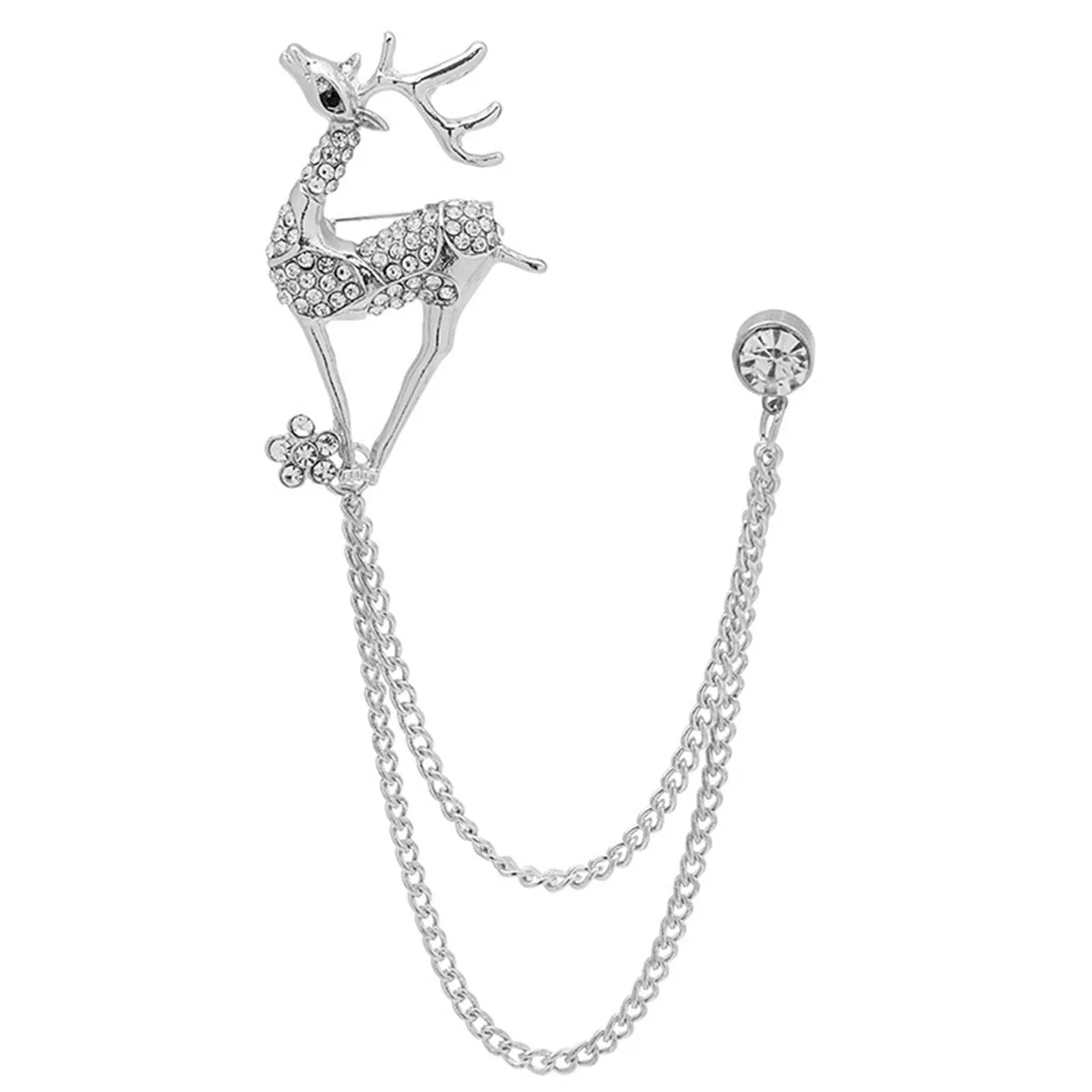 Cubic Zirconia & Silver-Plated Reindeer Chain Brooch