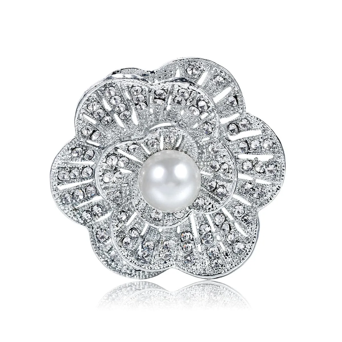Cubic Zirconia & Silver-Plated Scalloped Flower Brooch