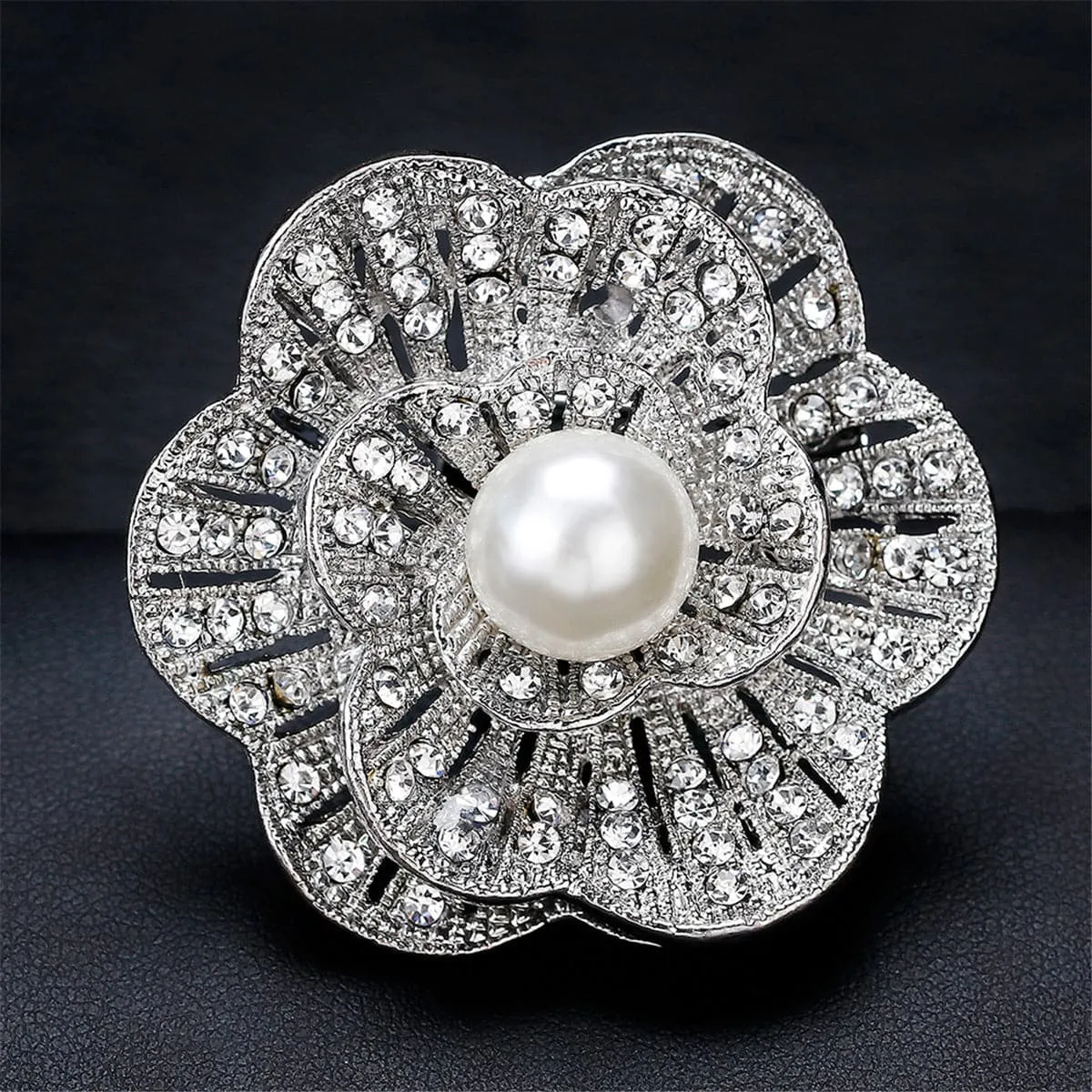 Cubic Zirconia & Silver-Plated Scalloped Flower Brooch