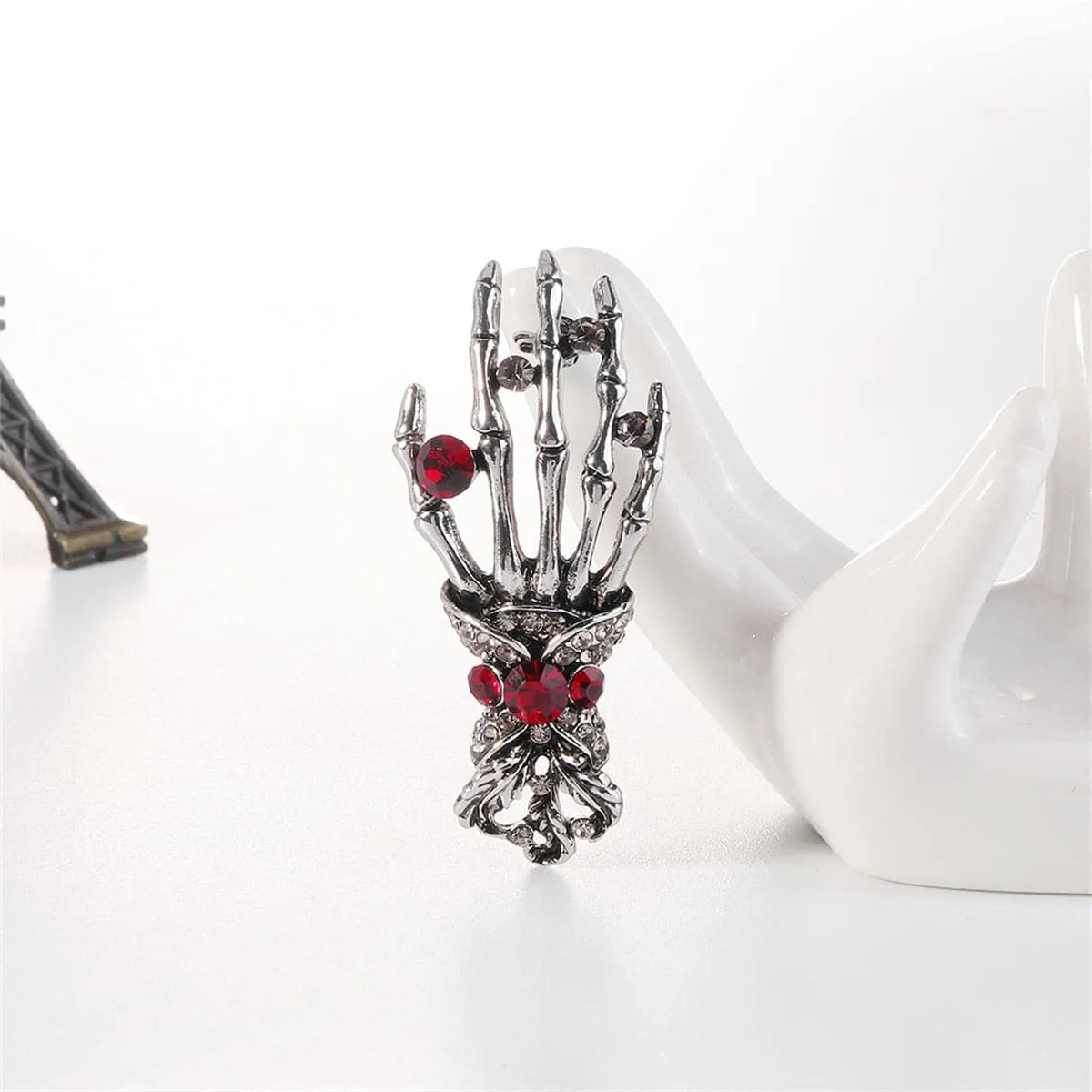 Cubic Zirconia & Silver-Plated Skeleton Hand Brooch