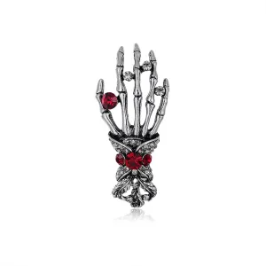 Cubic Zirconia & Silver-Plated Skeleton Hand Brooch