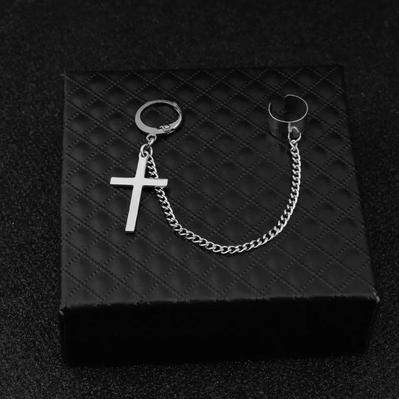 Cuff Ear Chain Earrings with Cross.