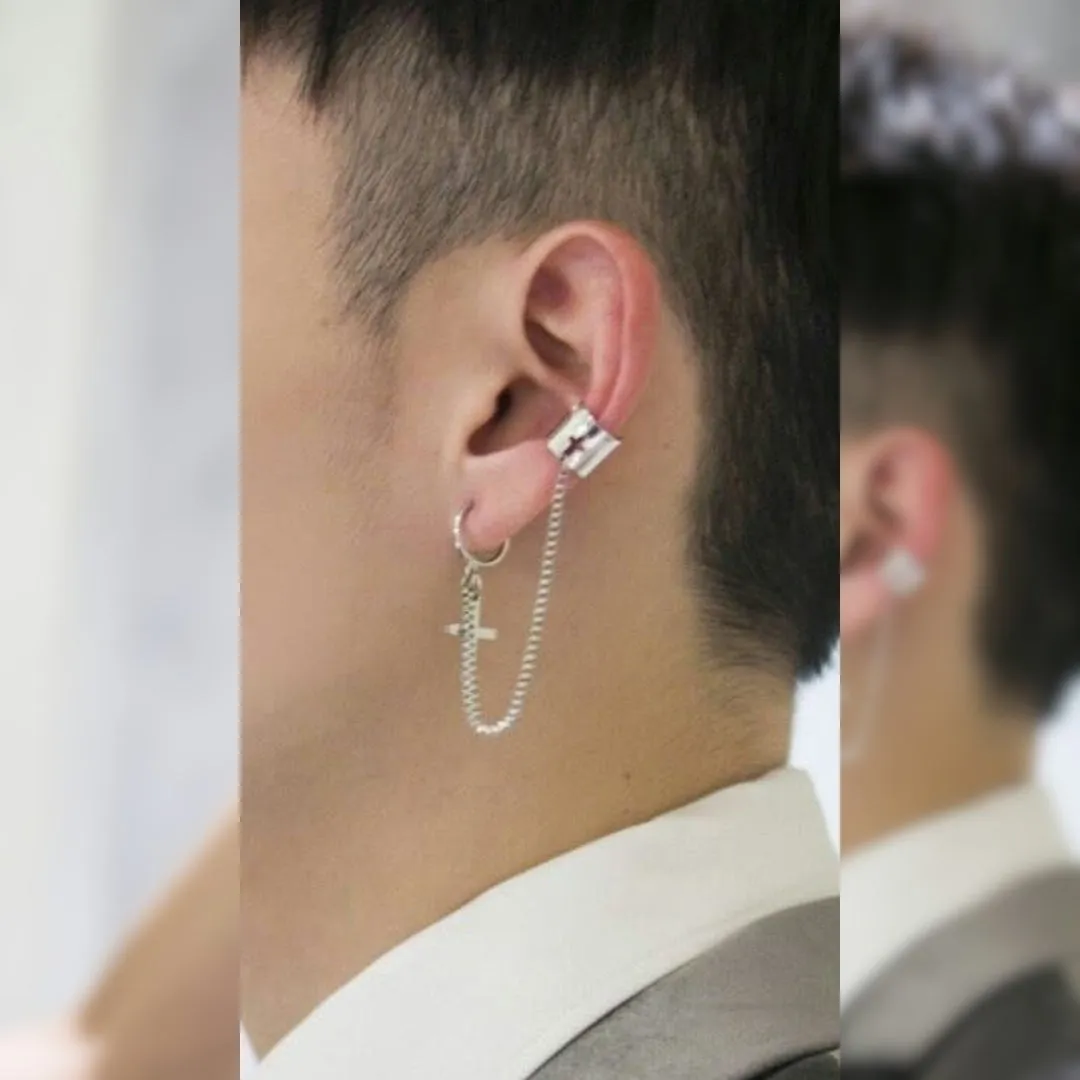 Cuff Ear Chain Earrings with Cross.