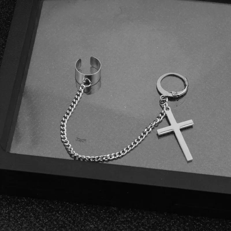 Cuff Ear Chain Earrings with Cross.
