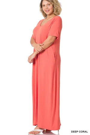 CURVY Sleeved Vacation Mode V-Neck Maxi Dress in CORAL