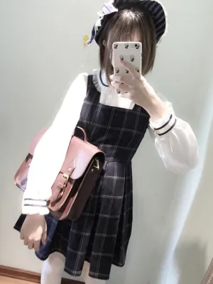 Cute Women's Japanese Preppy Style Sleeveless Tank Dress Plaid Checks Winter Lolita Dress Dark Red&Dark Blue