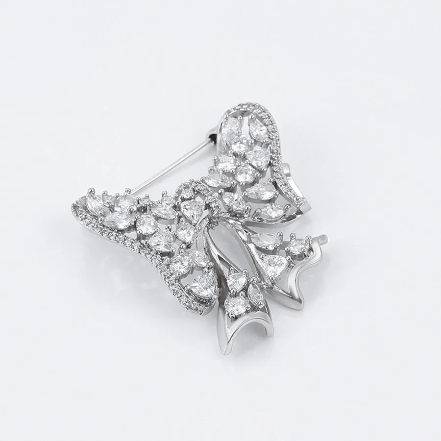 Cz Diamond Bow Rhodium Plated Brooch