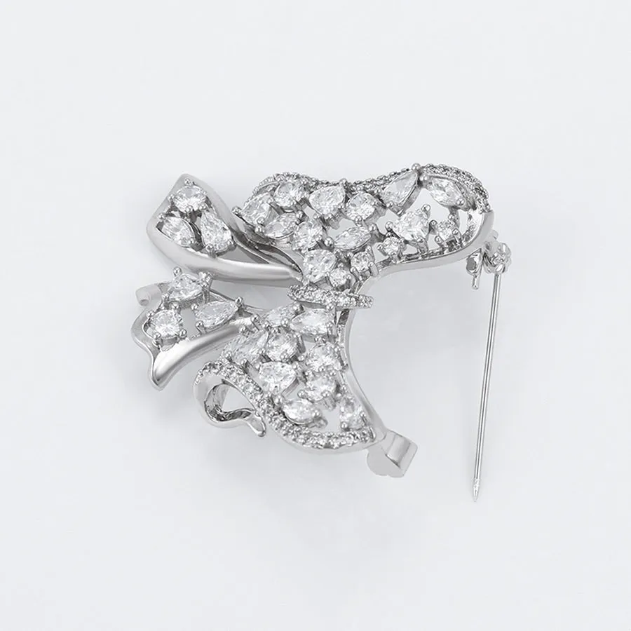 Cz Diamond Bow Rhodium Plated Brooch